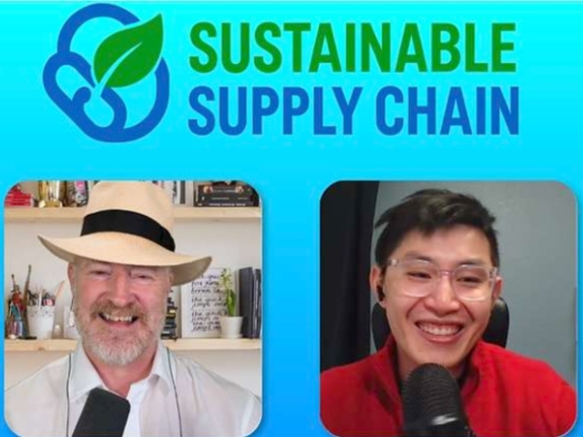 Podcast thumbnail showing host Tom Raftery and guest Jackie Wu smiling during their conversation on the Sustainable Supply Chain Podcast, with the show’s logo above them.